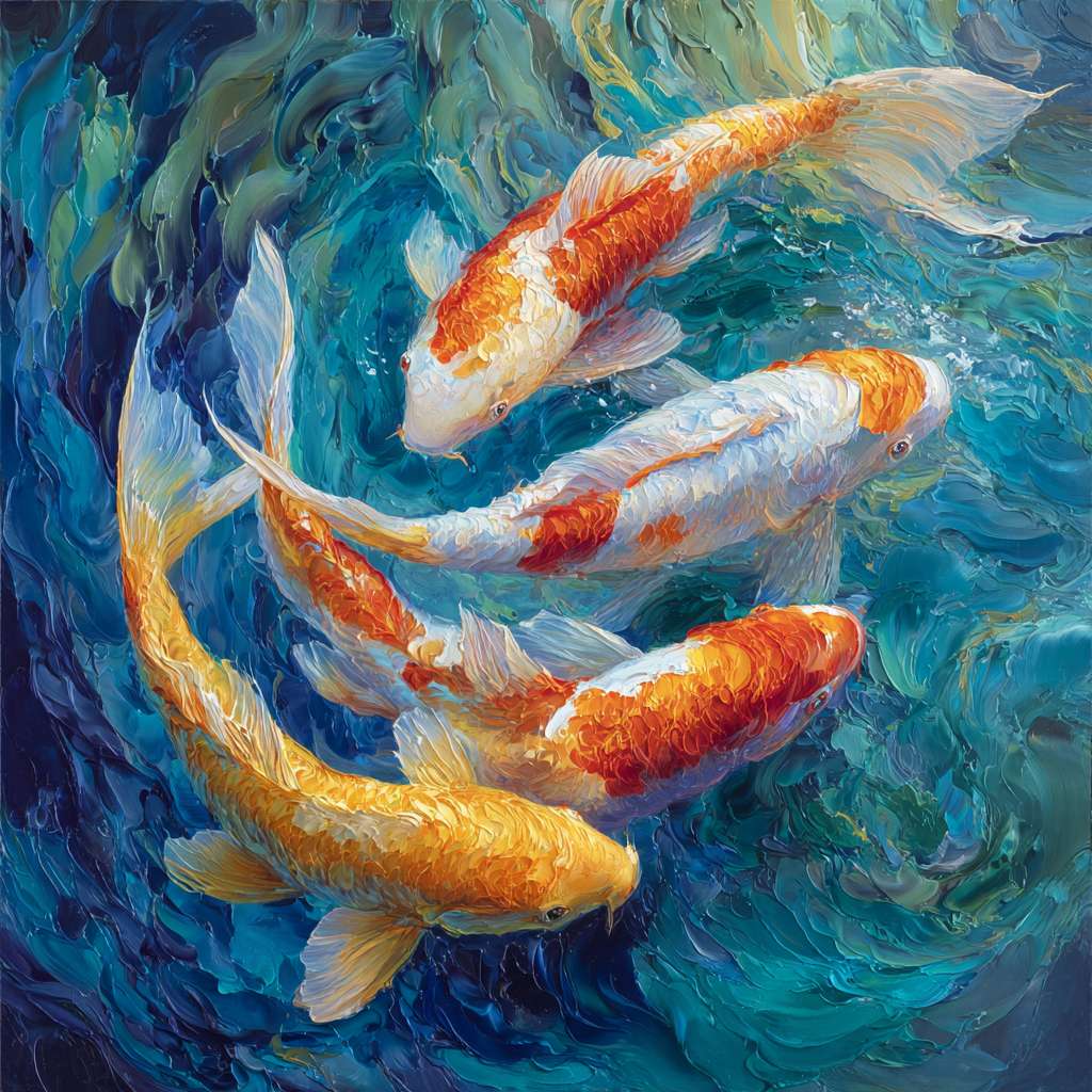 Dynamic blue sea interlaced with 五彩光影，koi gliding through swirling water, brushwork blending abstraction and realism, abstract oil. --ar 1:1 --v 7 --stylize 100 --fast --no 水印