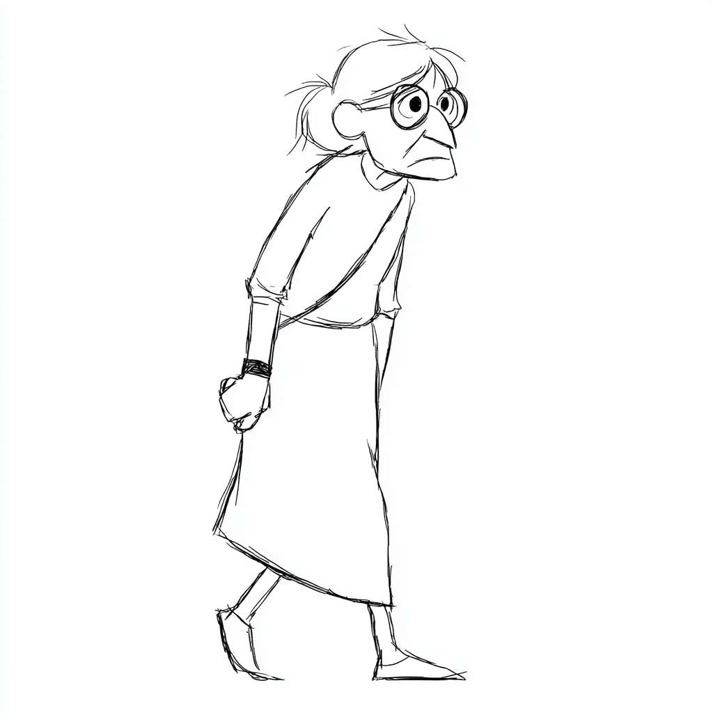 https://img-xpc-mj0.xpccdn.com/prod/upload/8d82e3ed-cef3-4feb-9b97-eb9319f86d4a/90c81c6cf76a5c073fbc77ae798f6754cd1429c51d8a8-JRemyZ_fw1200webp.webp~tplv-5yakomv5zn-auto-v1%3A1024%3A0%3Aq75.jpg 根据参考图，生成一位奶奶老人，矮个子，驼背严重，头花花白，身体佝偻着，简单线条风格，形式简单易懂，动画主体人物的形状，黑白，草图风，抽象，大师级风格 --ar 1:1 --v 7 --stylize 100 --fast --iw 1 --no 水印
