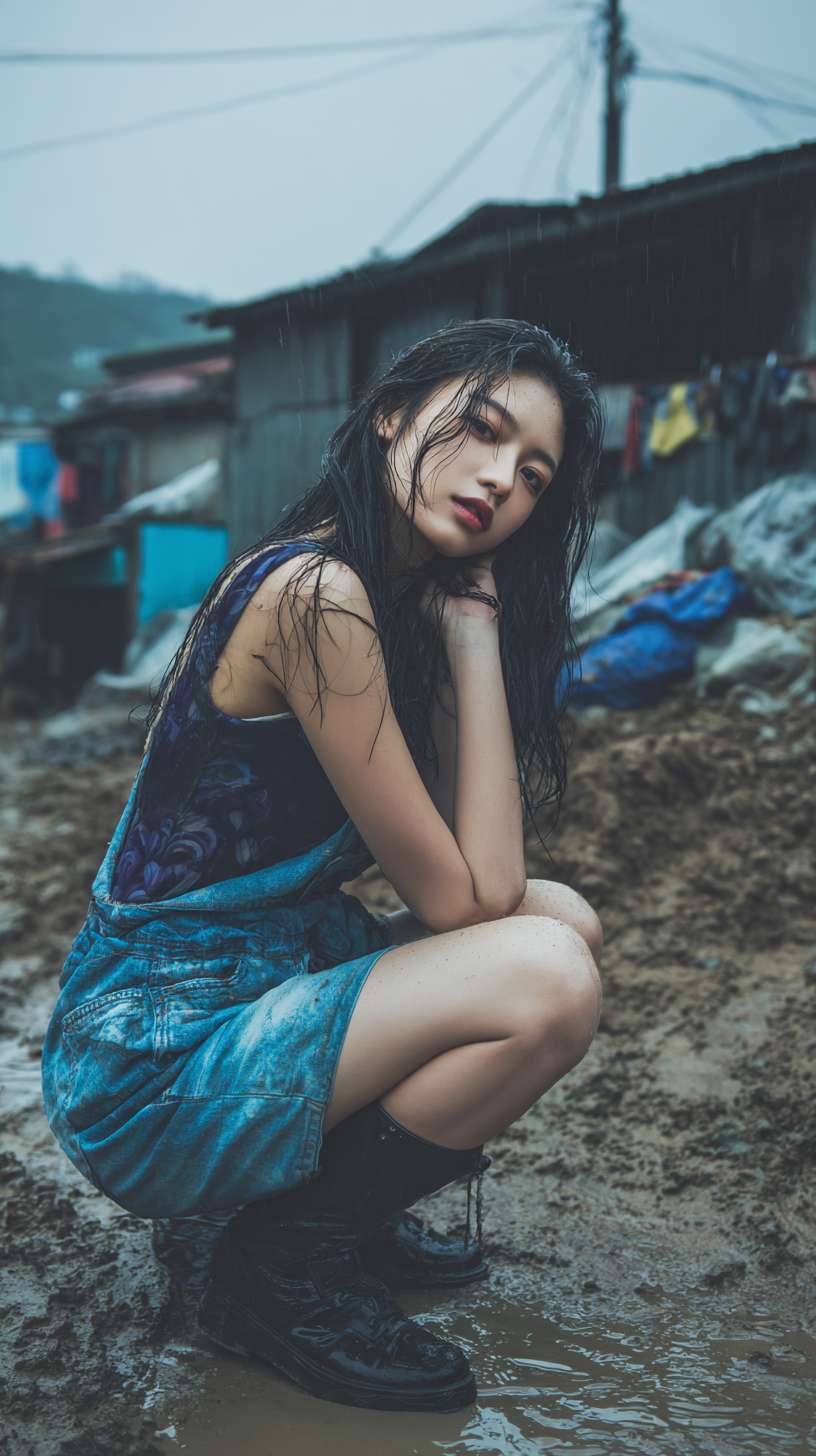 漂亮女孩，身材丰满，穿着牛仔短裤，坐在下完雨的泥坑里，样貌真实 --ar 9:16 --v 7 --stylize 100 --fast --no 水印
