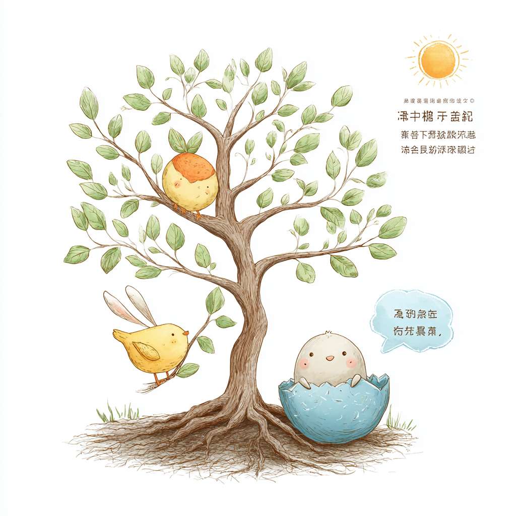 圆圈左侧:植物与动物的自然生长
主体:一棵矮胖的卡通大树,树干是棕色曲线,树枝向左右轻轻舒展,树叶是嫩绿色的小椭圆形(每片叶子都画个小笑脸);树根部分不埋在土里,而是画成 “缠绕着小水滴” 的样子(水滴是蓝色半圆,带小波纹),代表 “道滋养自然”。
互动元素:树的枝桠上站着一只圆滚滚的小鸟(黄色身体,翅膀是浅橙色小三角,嘴里叼着一颗小果子),树下趴着一只浅灰色小兔子(耳朵耷拉着,爪子抱着一片树叶),两者都朝着太阳的方向看,体现 “动物顺应植物生长、自然规律”。
标注气泡:给大树配个白色小气泡,里面写 “自然生长,不催不赶”。简笔画 --ar 1:1 --v 7 --stylize 100 --fast --no 水印
