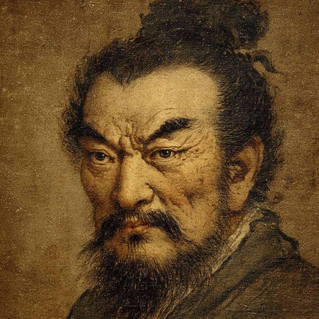 曹操外出踏青的图片，东方人的面孔，散装的眉毛,突起的上鼻梁和稍微有点倾斜的额头；身高1米65； --ar 1:1 --v 7 --stylize 100 --fast --no 水印