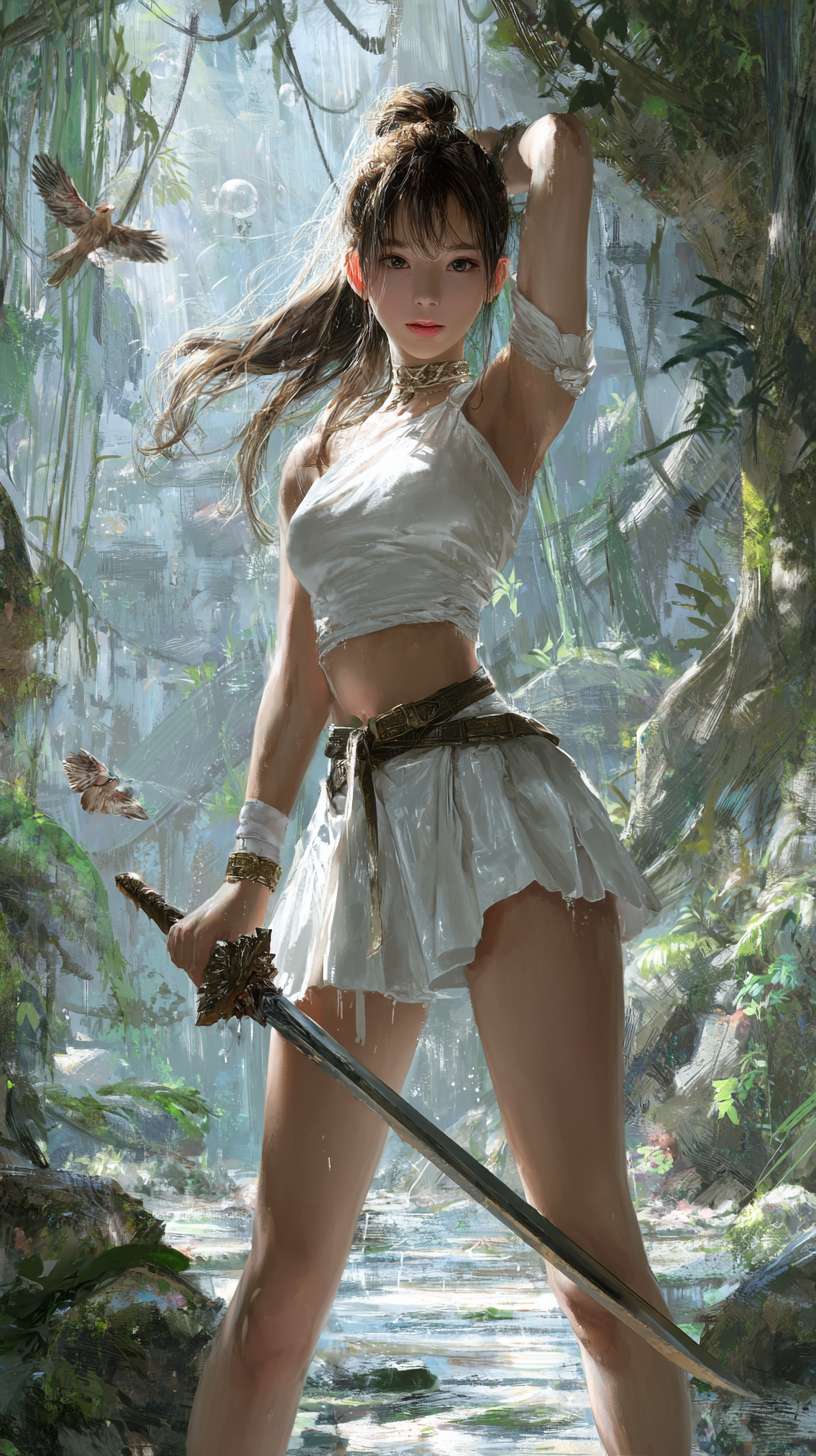亚洲美少女身穿无袖连体紧身短皮装，皮肤白皙，及腰长发随风飘扬，手持长剑，在热带雨林，背景宏伟的失落城市，飞行的鸟，树上挂着小青蛇，阳光从树叶的缝隙中射到地面。正面特写 --ar 9:16 --v 7 --stylize 100 --fast --no 水印