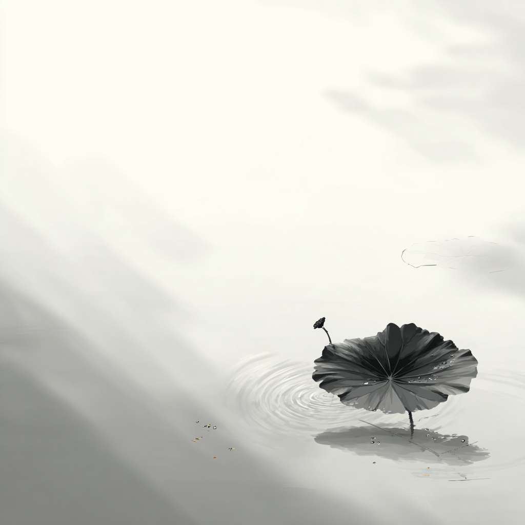 Minimalist Chinese Zen background:
A single ink-wash lotus leaf floating on rippling water,
soft sunlight creating dappled shadows through mist,
monochrome palette with one faint gold accent light,
80% negative space, no text,
ultra HD details --ar 1:1 --v 7 --stylize 100 --fast