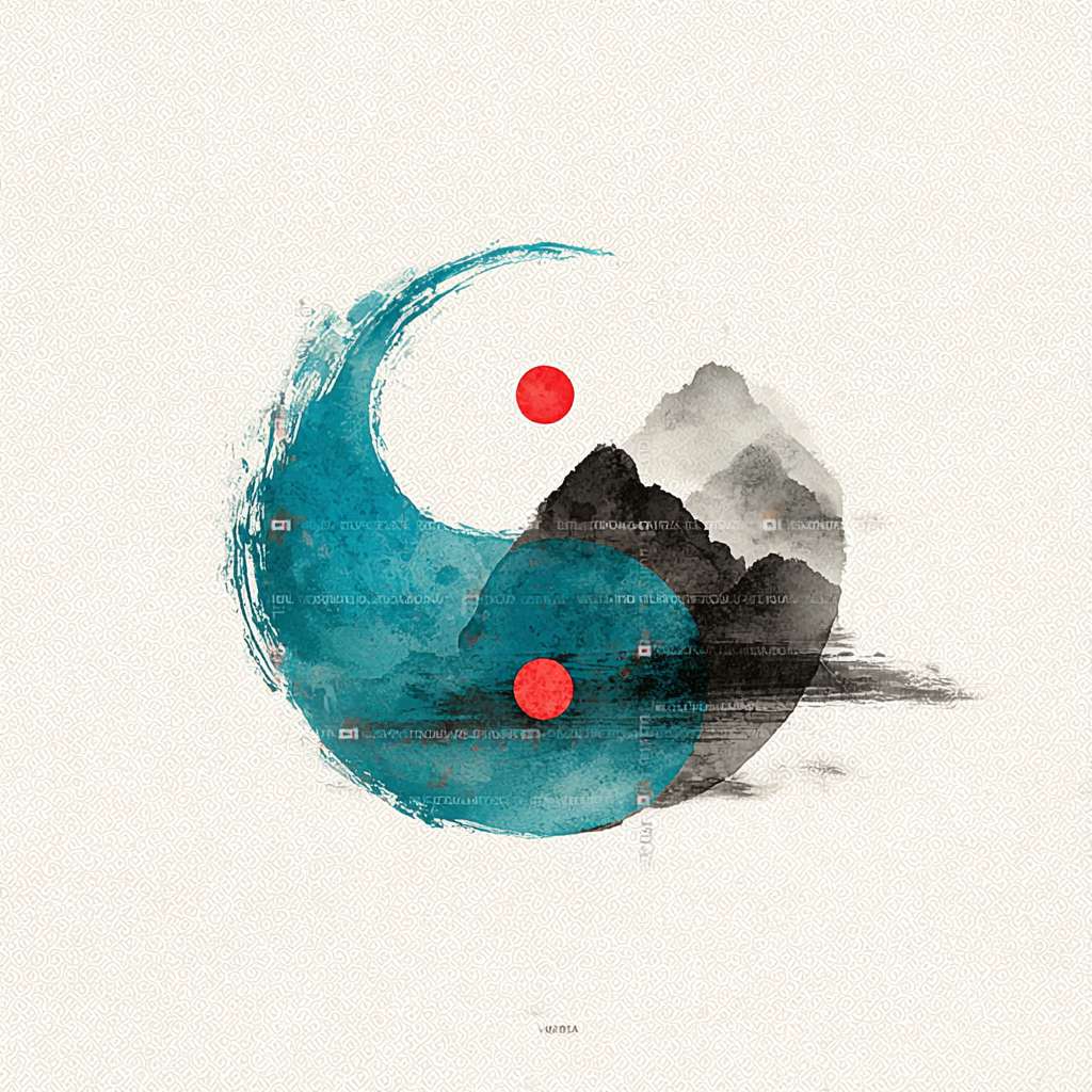 "Circular logo, a minimalist ink-wash Tai Chi symbol in cyan and black, surrounded by faint mountain silhouettes, red dot in Tai Chi center, white background, Chinese Zen style, clean and serene, no text, high resolution, vector style" --ar 1:1 --v 7 --stylize 100 --fast