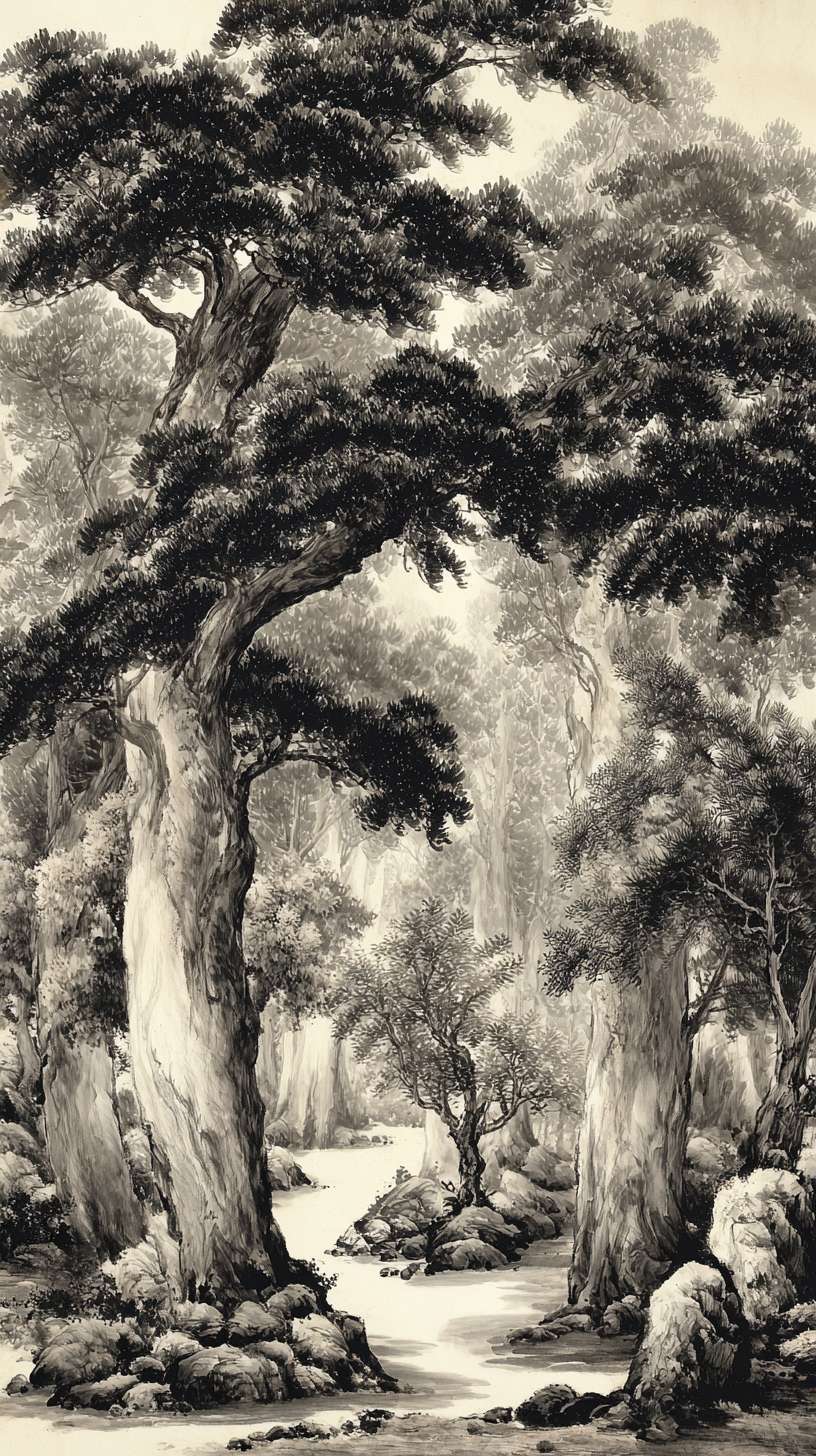 给我一张竹林，黑白水墨风，游戏背景，不需要文字 --ar 9:16 --v 7 --stylize 100 --fast --no 水印