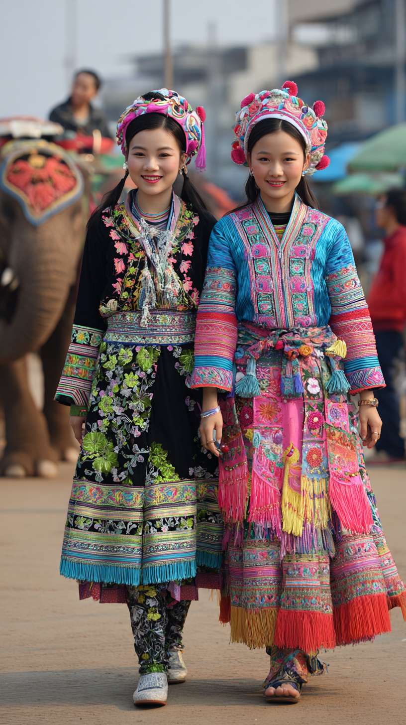 夏天西双版纳傣族少女成群结队在街上穿着民族傣家服饰，旁边有人骑着大象 --ar 9:16 --v 7 --stylize 100 --fast --no 水印