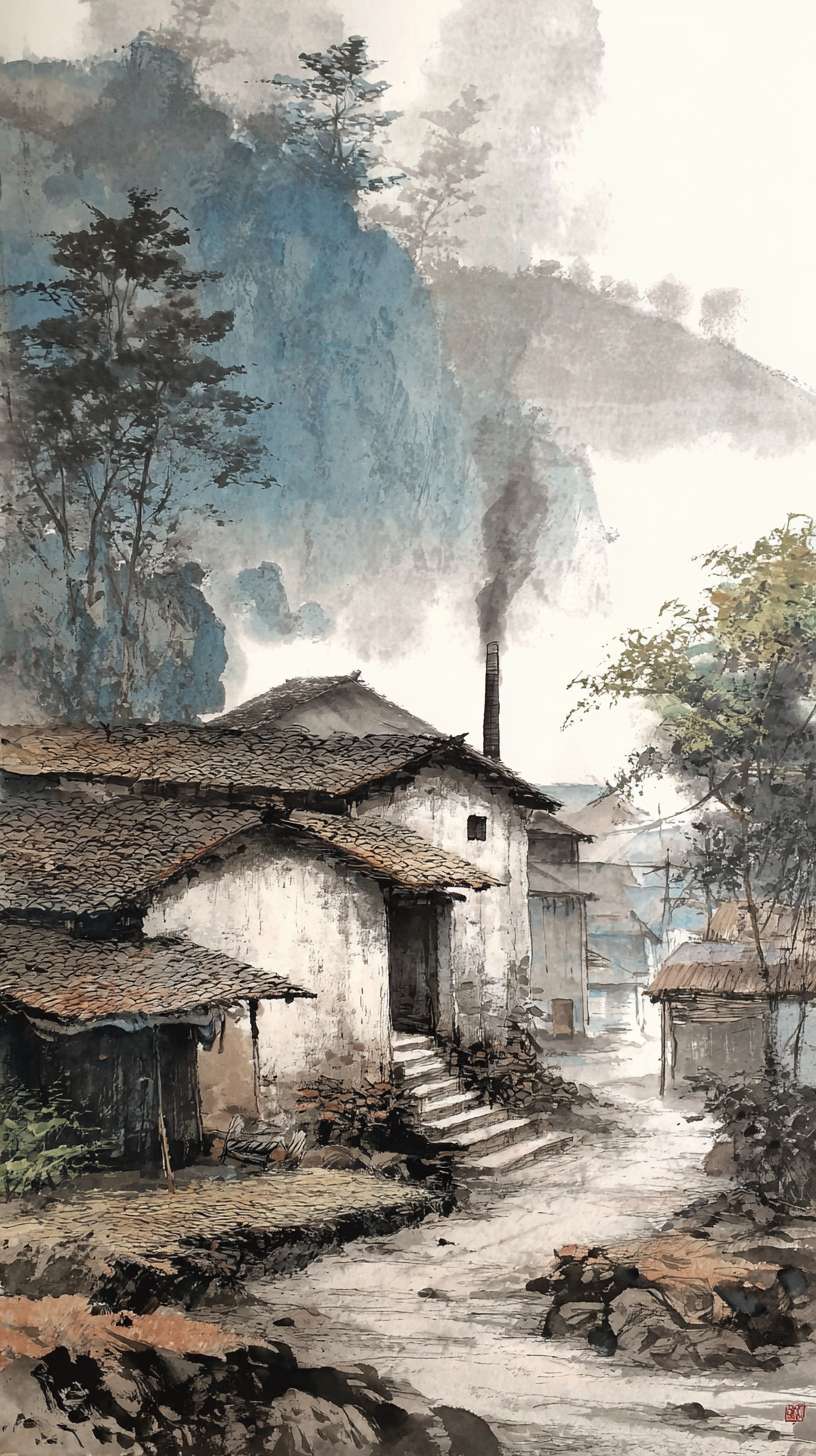 **新手村** (`village.jpg`, 750x1334px)
   - 远山、茅屋、炊烟袅袅的水墨画风格
   - 色调：淡雅、偏灰蓝 --ar 9:16 --v 7 --stylize 100 --fast --no 水印