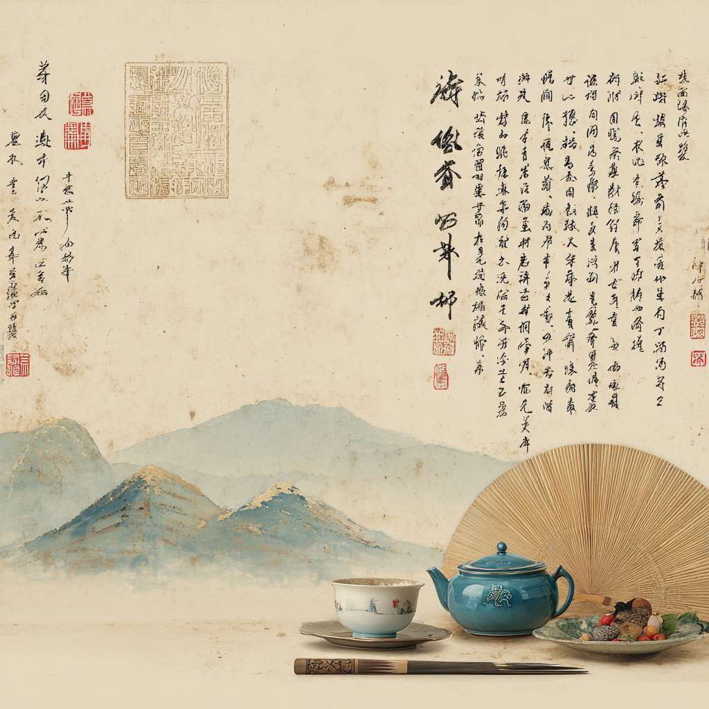 "Horizontal layout, left side: faded ancient Chinese book pages, right side: vertical '养心' in seal script, below it a teapot, Tai Chi fan, and blue-white porcelain bowl, soft beige and cyan colors, light ink-wash mountains at bottom, traditional Chinese style, 1200x600 pixels" --ar 1:1 --v 7 --stylize 100 --fast --no 水印