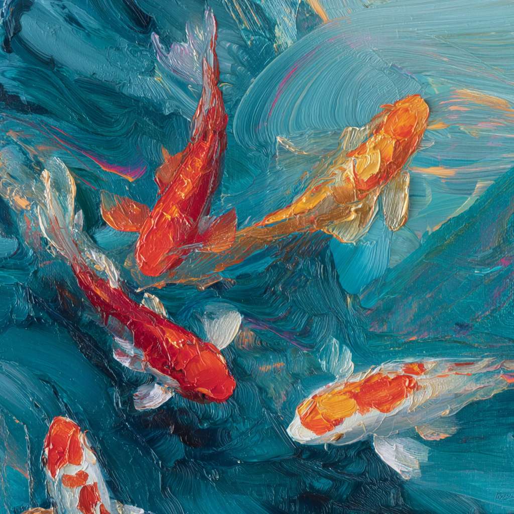 Dreamy blue depths with iridescent light patterns, koi fish in vivid reds and golds, expressive strokes blending water’s fluidity and fish’s grace, abstract. --ar 1:1 --v 7 --stylize 100 --fast