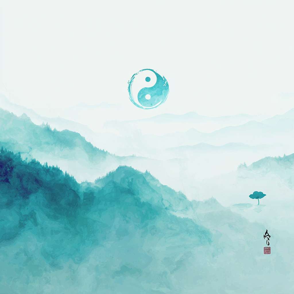 Ethereal Chinese ink background with translucent cyan Tai Chi symbol faintly glowing at center-left, misty mountain gradients in the distance, 90% negative space in rice paper white, one floating lotus petal in matching青色 (#478584) near the right edge, ultra minimalist Zen style, no text --ar 1:1 --v 7 --stylize 100 --fast --no 水印