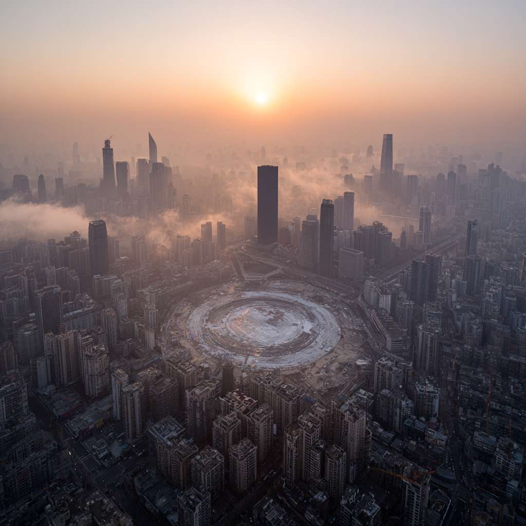 画面是整个城市的全景，城市里高楼林立，城市的中间有一个单独矗立巨大的LED屏幕，屏幕一开始是黑的，不起眼的。 --ar 1:1 --v 7 --stylize 100 --fast --no 水印