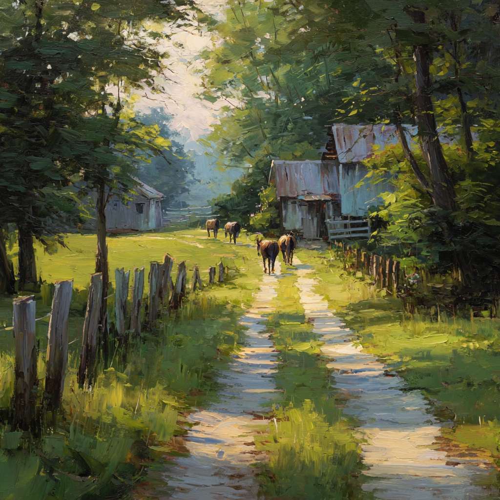 Serene country road through greenery, sunlight breaking into streaks; weathered farmhouse and horses in gentle motion, impressionist strokes capturing tranquility, oil. --ar 1:1 --v 7 --stylize 100 --fast