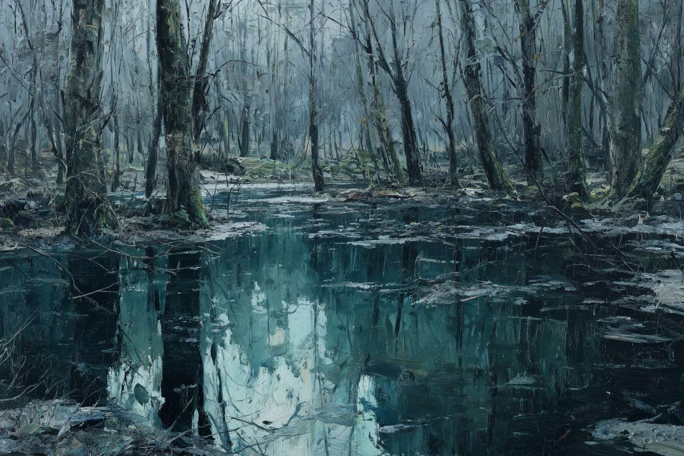 Mysterious forest pool in cool grays and deep greens, with loose, energetic strokes for trees; still water mirrors skeletal branches and dim sky, abstract 神秘氛围.
Eerie woodland pool: 墨绿 tree trunks in chaotic lines, slate-blue water reflecting fragmented canopy; faint light creates ghostly reflections, abstract oil with desolate texture.
Surreal 幽潭 scene: dark green and gray-blue hues, rough brushwork defining ancient, twisted trees; water surface like fractured mirror, abstract and enigmatic, oil. --ar 3:2 --v 7 --stylize 100 --fast --no 水印