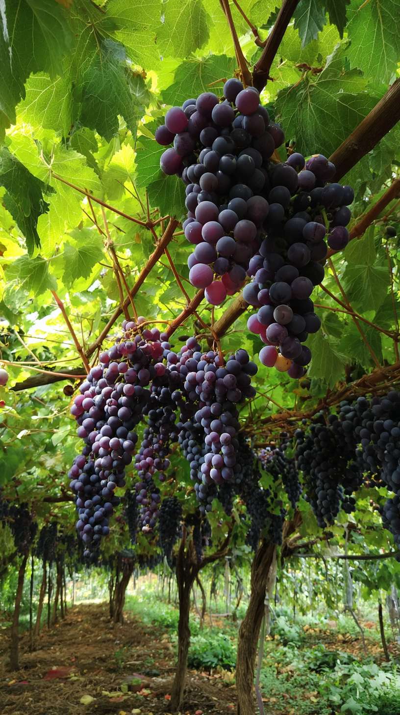 葡萄园里挂满了葡萄串，看着硕果累累 --ar 9:16 --v 7 --stylize 100 --fast --no 水印