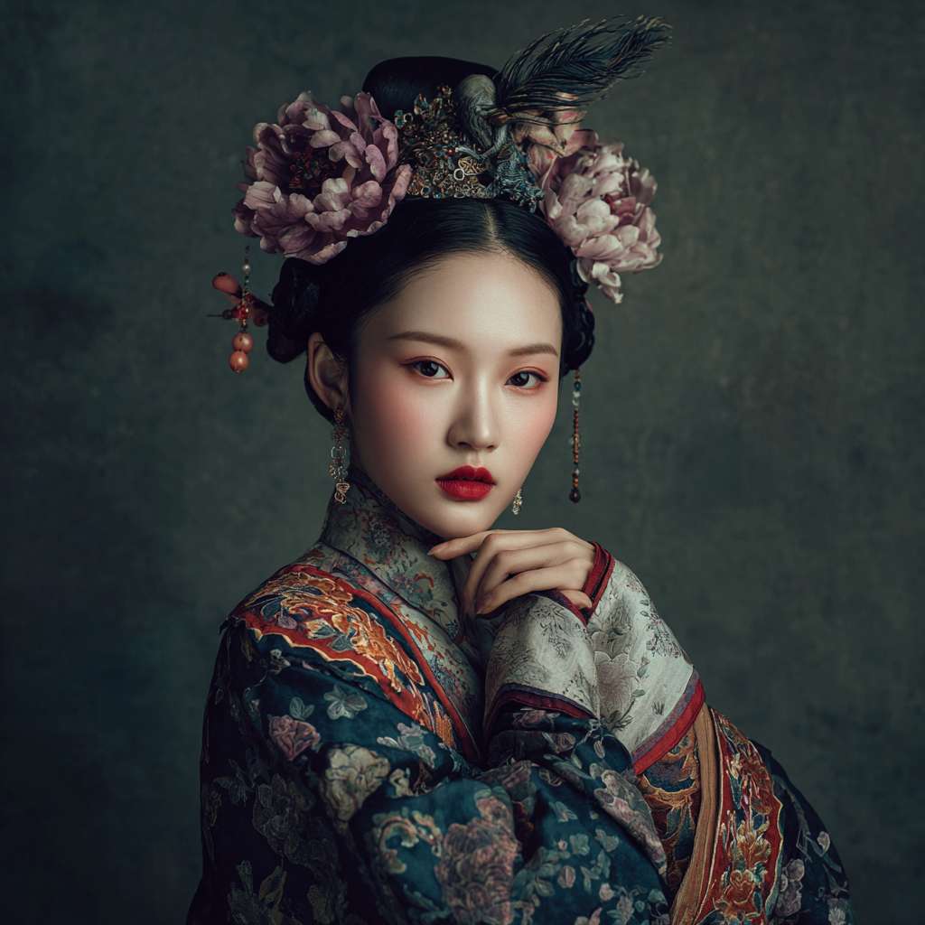 一个古风穿搭的亚洲人拍打肘窝的图片，如果能做成动图最好 --ar 1:1 --v 7 --stylize 100 --fast --no 水印
