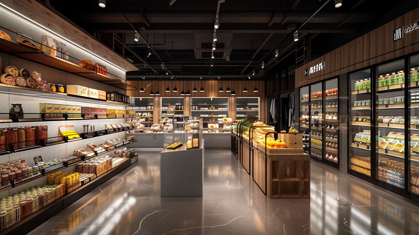 A 315m² minimalist concept convenience store, featuring single-unit product displays like an art gallery. Four lifestyle zones: 1) Breakfast zone with wooden tiered shelves displaying cereal boxes, milk bottles, and fruit bowls under warm lighting 2) Main meal area with modular concrete displays showing bento boxes, pasta packs and canned goods on geometric platforms 3) Leisure snack section with floating acrylic shelves holding chip bags and chocolate bars, backlit with soft LEDs 4) Beverage gallery with glass refrigerated columns showcasing drinks in suspended formation. Central tasting island with sample stations. Polished epoxy floor reflecting ceiling track lights, floor-to-ceiling glass storefront. Scandinavian wood accents, monochrome signage. --ar 16:9 --v 6.0 --style raw --stylize 100 --fast