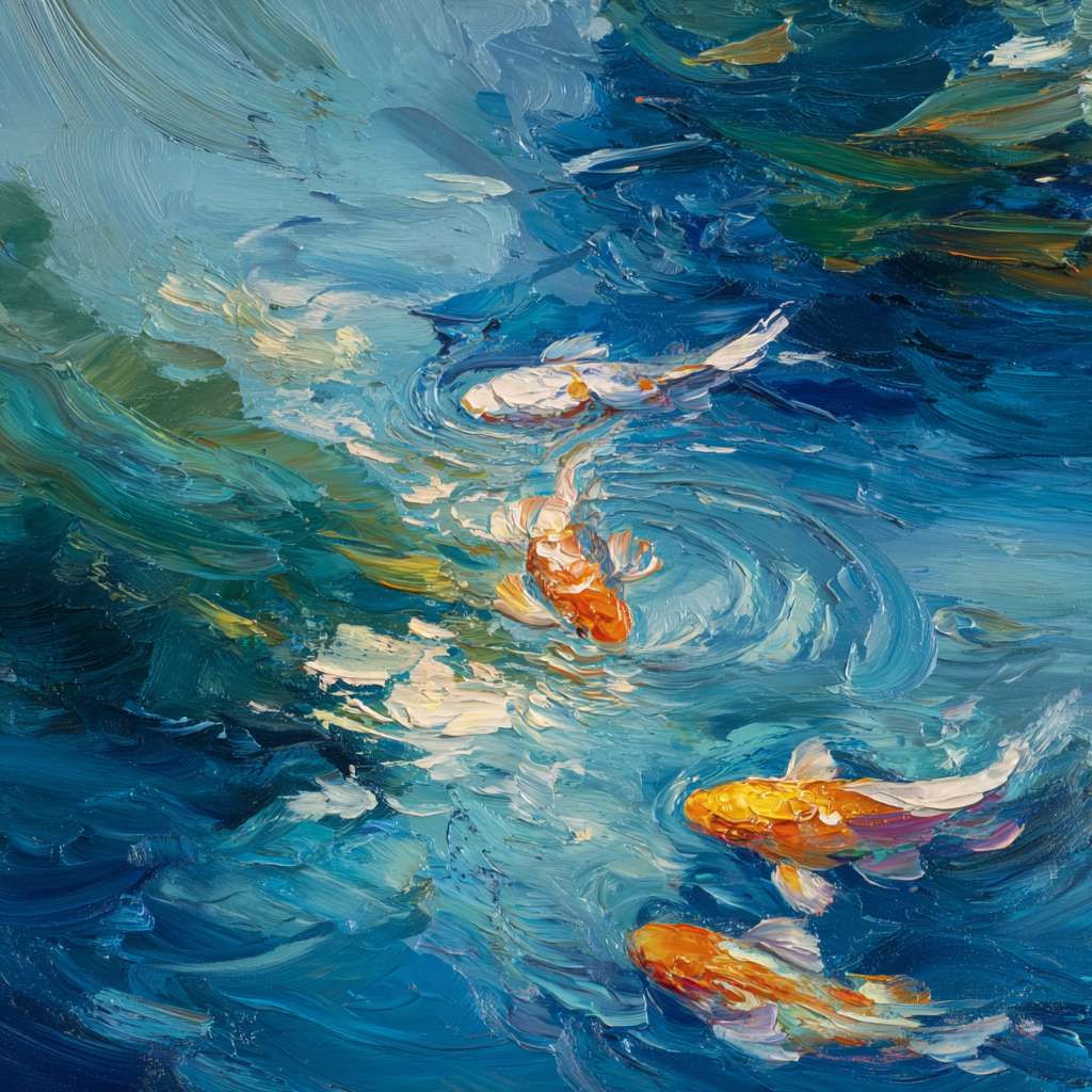 Dreamlike blue water with rippling color and gliding koi, expressive brushwork capturing fluid beauty, oil. --ar 1:1 --v 7 --stylize 100 --fast