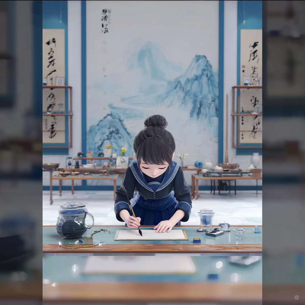 【超宽舞台全景视角(16:9)，3D动画可爱的渲染风格。中央桌面上穿蓝黑制服裙的小姑娘俯身教机器人写毛笔字的温馨互动，两侧扩展出更多未来感舞台细节，左侧可见悬浮的书法投影屏幕，有文房四宝架，背景增加全息山水画装饰。保持10:2的舞台人物比例，柔光聚焦主体，墨汁在宣纸上晕开的特 --ar 1:1 --v 7 --stylize 100 --fast --no 水印