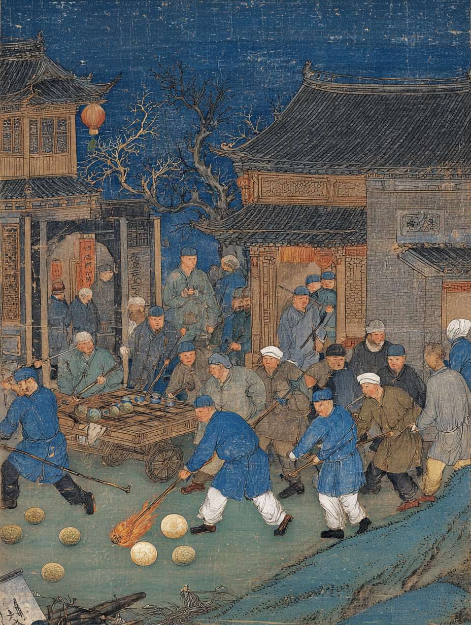 宋代风格江洋大盗夜袭商铺场景，蒙面盗贼手持火把，瓷器店、首饰店和绸缎庄的掌柜惊慌失措，古代中国街道夜景，水墨画风格，深蓝色调 --ar 3:4 --v 7 --stylize 100 --fast --no 水印