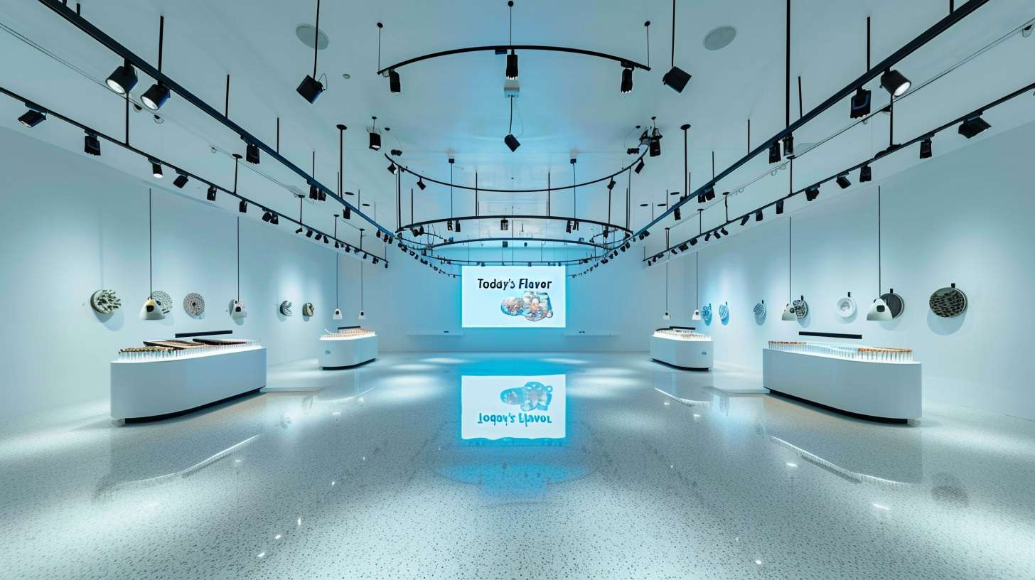 全景鸟瞰图
wide shot of futuristic food gallery, minimalist white space with 5 thematic islands connected by glowing ring corridor::2 polished terrazzo floor reflecting suspended black track lights::1.5 central hologram screen showing "Today's Flavor" animation::1.2 ambient blue glow from cooler zone::1 --ar 16:9 --v 6.0 --style raw --stylize 100 --fast --no text