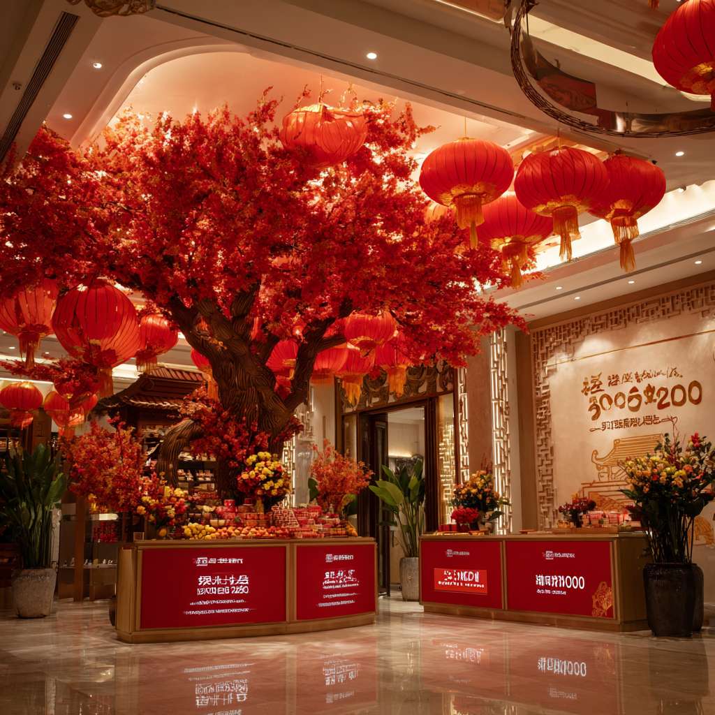 场景构图:
中式餐厅入口,中央3米高“许愿中国树”(红灯笼组成树冠,悬挂金色许愿牌),左侧家庭顾客挂许愿牌,右侧服务员举“国庆套餐”导视牌指向餐车区。背景长城纹样墙,暖黄灯光。
宣传物料:
屋顶悬挂420×297mm红底金纹海报(腾飞金龙+“满200减50”文案)
入口1.8米高展架:顶部“国庆限定烤鸭套餐298元”特写图,底部发光二维码
收银台电子屏:动态烟花特效优惠券(华表造型按钮)
餐桌:麦穗琉璃花瓶插迷你国旗,搭配“中国红蛋糕88元”桌卡
风格参数:
写实照片风格,8K超清,主光聚焦许愿树,背景柔焦。色彩:中国红(#DE2910)+鎏金(#FFD700)+月白(#F0F8FF),广角透视增强空间感。 --ar 1:1 --v 7 --stylize 100 --fast --no 水印
