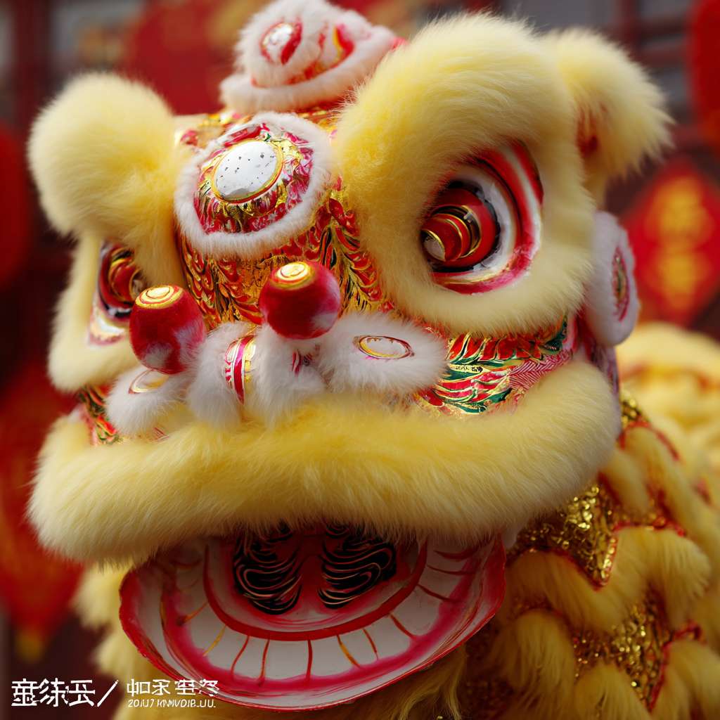 一只传统威严的中国南派醒狮，刘备狮，黄脸，白眉，白长须，头顶一个醒目的红色竹笋状独角，独角底部绘有金钱纹。后脑绘有三个金色铜钱图案。狮头底色为明黄色，饰有华丽的红色和金色传统祥云、龙凤纹样。额头有“如意”纹，眼睛大而有神，表情沉稳仁义，王者风范。狮头色彩鲜艳，手工精细，背景是喜庆的红色或武术馆场景。 --ar 1:1 --v 7 --stylize 100 --fast --no 水印