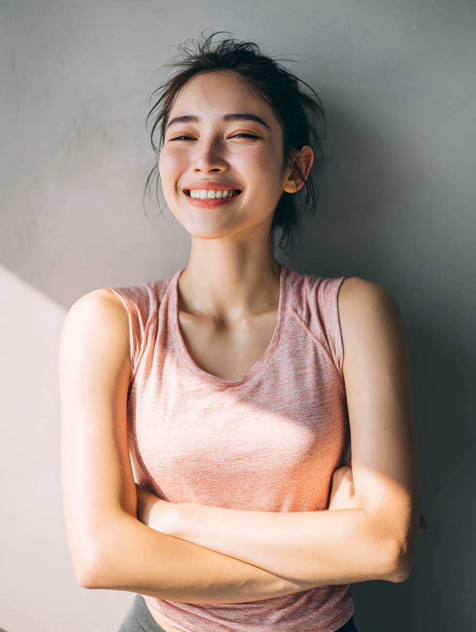 展示女性自信、快乐的表情，如微笑、冥想、愉悦的运动等，体现情绪调节的积极效果。同时，可以配合体质卡、情绪记录的元素，展示通过日常记录与调整来达到更好的情绪状态。 --ar 3:4 --v 7 --stylize 100 --fast --no 水印