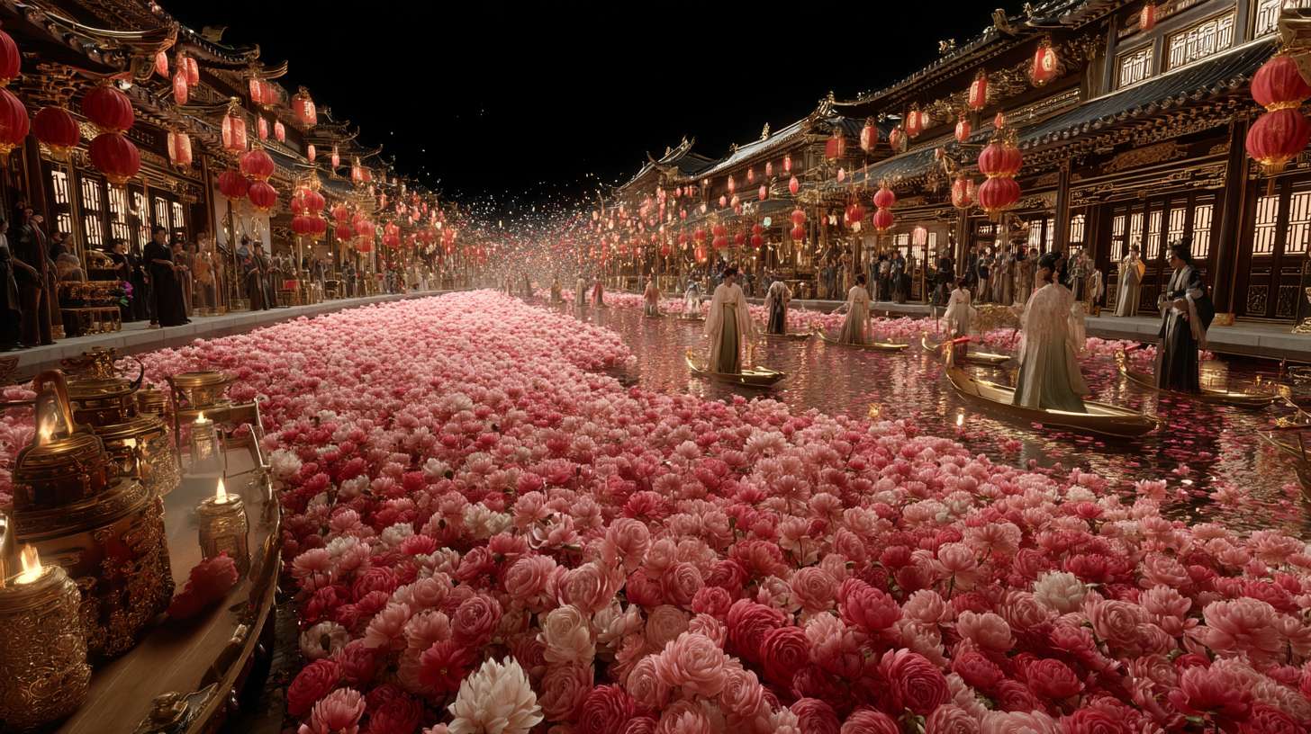 Unreal Engine 5 rendering, in this awe-inspiring scene of the ancient Luoyang Flower Festival, the composition centers on a vast sea of blooming peonies, surrounded by ancient-style pavilions, buildings, and winding corridors adorned with countless red lanterns, while the night sky is continuously lit up by colorful fireworks, the foreground features a celebrating crowd dressed in elegant Hanfu singing and dancing, the middle ground includes traditional Chinese architecture such as eaves-cornered pavilions, and the background blends deep blue starry skies with brilliant fireworks, in terms of color, vibrant reds, golds, and greens dominate, symbolizing luck and wealth, with the pink and white of the flowers sharply contrasting with the warm yellow of the lanterns, and the multicolored lights of the fireworks adding dynamic color variations, the lighting effects are exquisitely detailed, the soft glow from the lanterns casts warm shadows on people's faces and the ground, while the explosive flashes of fireworks create dazzling halos, contrasting with the cool moonlight to enhance the image's depth and dynamism, the entire scene is bustling and lively, with lanterns swaying gloriously, fireworks sparkling brilliantly, and the crowd cheering incessantly, as if transporting the viewer into a dreamlike ancient prosperous era filled with the charm of Chinese elements. --ar 16:9 --v 7 --c 20 --quality 4 --stylize 100 --fast