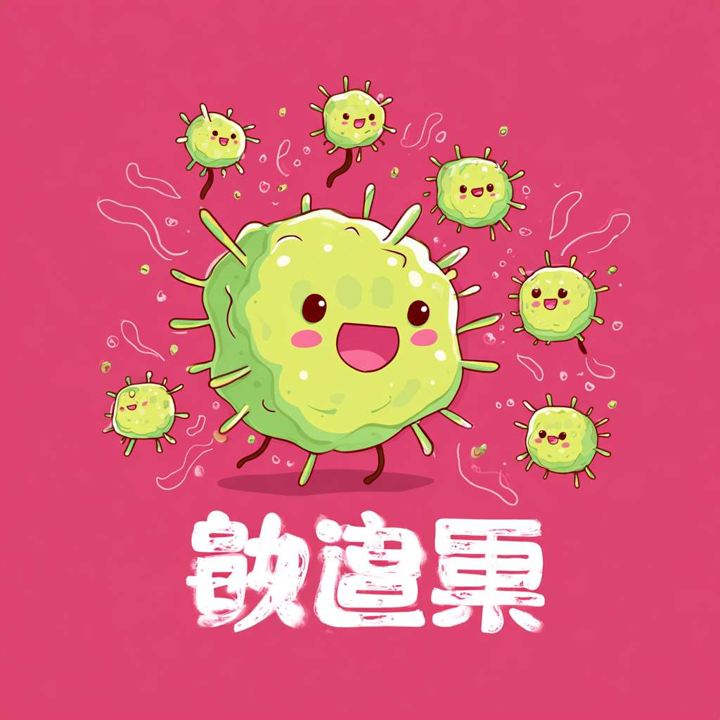 简笔画：干细胞和左侧一样，饱满又精神，周围有 5 个迷你干细胞，分化箭头又粗又亮，功能细胞们都睁着圆眼睛笑，下方配字：“年轻力壮：数量多，超能干！ --ar 1:1 --v 7 --stylize 100 --fast --no 水印