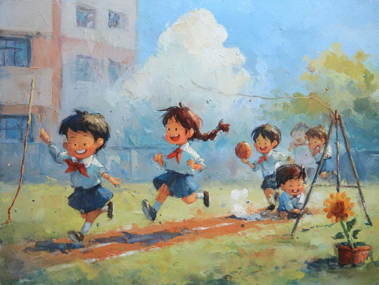 五年级·朝气如阳:
场景:夏日清晨的小学操场,阳光从画面左上斜射下来,形成金橙色的光束。
元素:
前景:3-4个五年级孩子在草坪上奔跑,扎马尾的女孩红领巾被风吹得飘成弧状,男孩抱着篮球跃起来,指尖碰到阳光;旁边有个蹲在地上的孩子,正用手指拨弄开得正艳的向日葵(花盘朝向太阳,花瓣上沾着微小的露珠)。
中景:绿色的塑胶跑道上,有孩子在跳跳绳(绳子模糊成浅粉的弧线),旁边的单杠上挂着校服外套,衣角随风动。
背景:淡蓝色的天空飘着像棉花糖的白云,云边被阳光染成橘红;远处的教学楼墙面是浅黄,窗户反射着光,隐约能看到走廊里的绿植。
色彩:主色调是暖黄(阳光)、草绿(草坪)、浅蓝(天空),点缀橙红(红领巾、向日葵花瓣)、粉白(跳绳、云朵)。
光影:所有物体都有短而清晰的影子(因为上午的阳光不烈),草叶上的露珠反射小光斑,向日葵花盘有明暗对比。
留白:画面下方1/3是平整的草坪(浅绿渐变到深绿),或天空的白云之间,适合放文字。 --ar 4:3 --v 7 --stylize 100 --fast --no 水印