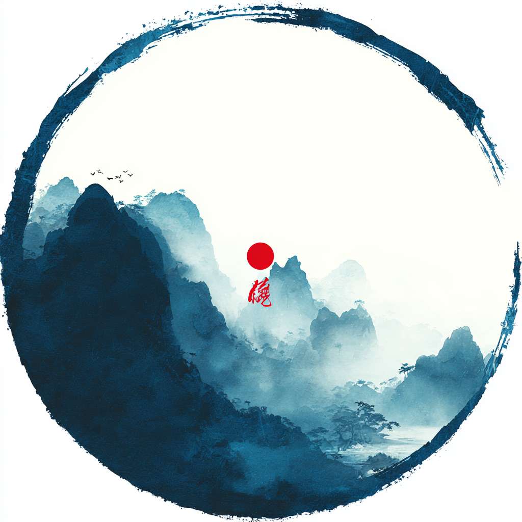 The circular logo adopts the Chinese ink wash Tai Chi symbol, with alternating shades of blue, black, and white, surrounded by a hazy silhouette of a blue mountain range. There is a red dot in the center and a pure white background, with a Zen style, simple design, no text, no watermark, high resolution, and vector graphics --ar 1:1 --v 7 --stylize 100 --fast
