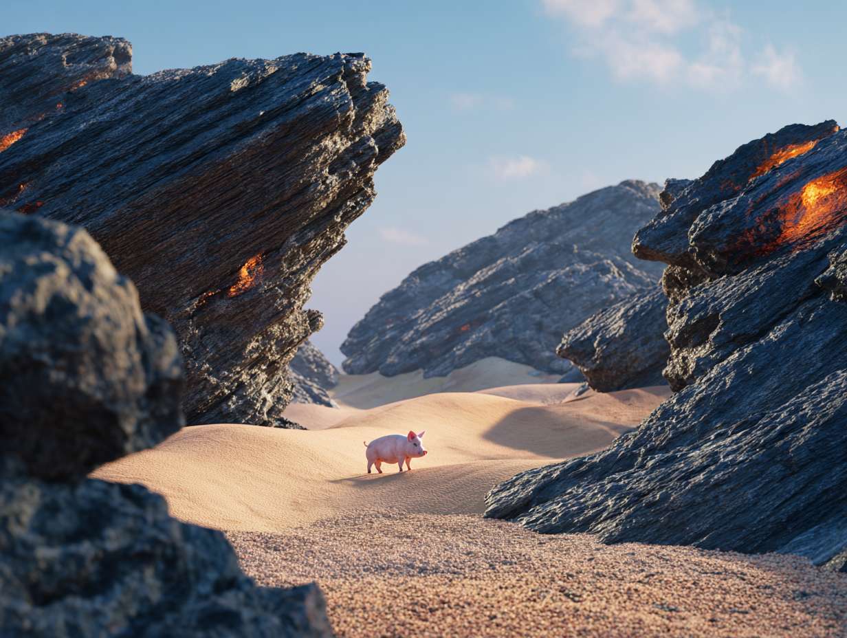 Photorealistic cinematic image，A pale pink pig in the middle of an extreme desert landscape with giant black rocks and orange pillows. There is fire on top of one rock, giving off warm light. The sky has a blue color. In front of it there's a large sand dune, film grain, hyper realistic photography, natural lighting, highly detailed photo. --ar 4:3 --v 7 --style raw --stylize 100 --fast