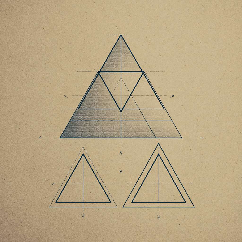 两个等腰三角形在下面，一个等腰三角形在上面，组成一个新的等腰三角形 --ar 1:1 --v 7 --stylize 100 --fast --no 水印