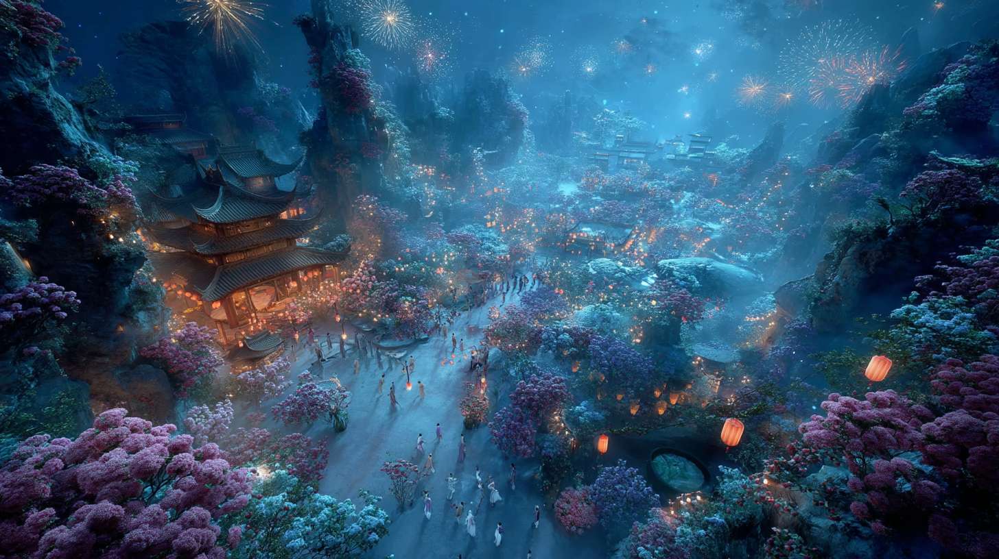 Unreal Engine 5 rendering, in this awe-inspiring scene of the ancient Luoyang Flower Festival, the composition centers on a vast sea of blooming peonies, surrounded by ancient-style pavilions, buildings, and winding corridors adorned with countless red lanterns, while the night sky is continuously lit up by colorful fireworks, the foreground features a celebrating crowd dressed in elegant Hanfu singing and dancing, the middle ground includes traditional Chinese architecture such as eaves-cornered pavilions, and the background blends deep blue starry skies with brilliant fireworks, in terms of color, vibrant reds, golds, and greens dominate, symbolizing luck and wealth, with the pink and white of the flowers sharply contrasting with the warm yellow of the lanterns, and the multicolored lights of the fireworks adding dynamic color variations, the lighting effects are exquisitely detailed, the soft glow from the lanterns casts warm shadows on people's faces and the ground, while the explosive flashes of fireworks create dazzling halos, contrasting with the cool moonlight to enhance the image's depth and dynamism, the entire scene is bustling and lively, with lanterns swaying gloriously, fireworks sparkling brilliantly, and the crowd cheering incessantly, as if transporting the viewer into a dreamlike ancient prosperous era filled with the charm of Chinese elements. --ar 16:9 --v 7 --c 20 --quality 4 --stylize 100 --fast