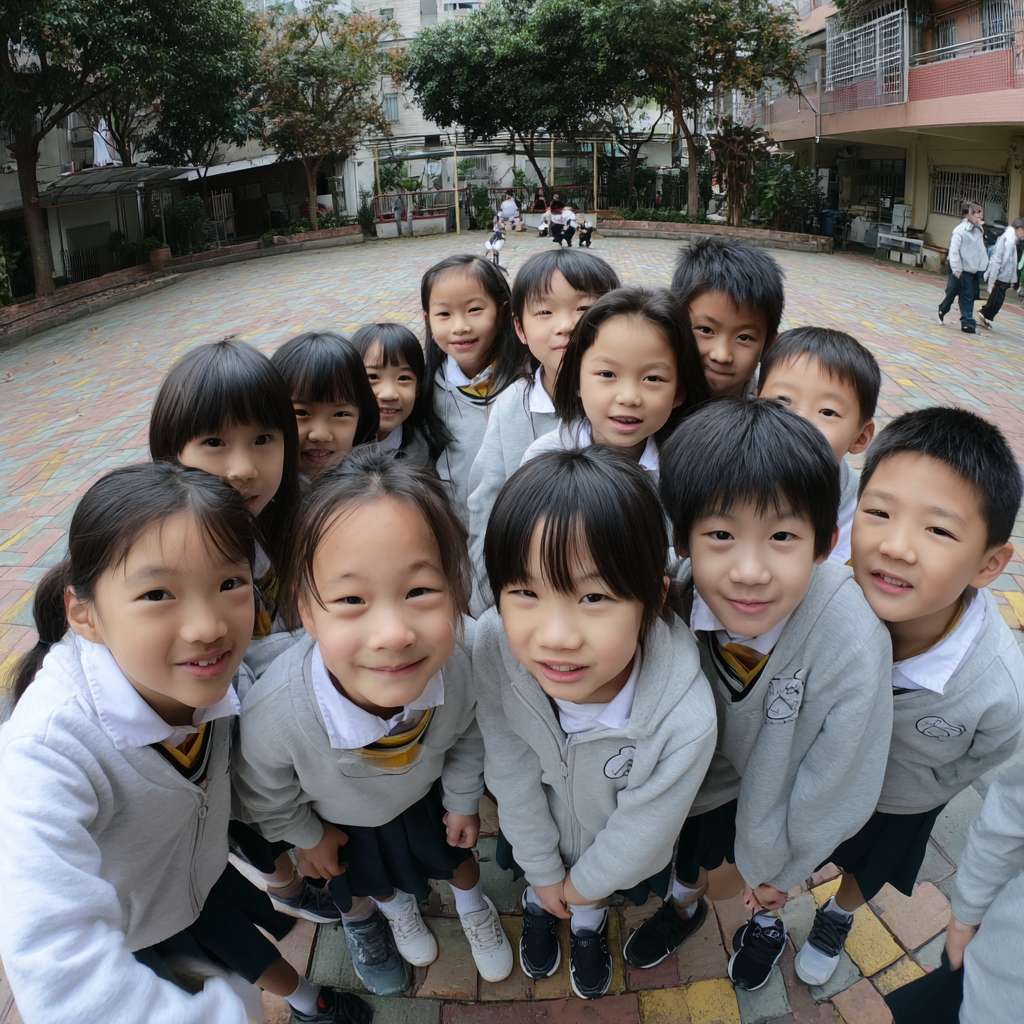 一班小六穿校服的學生們在校園裡圍成一個半圓形，以熊貓為主題，學生們一起將瀕危動物圖案玩集體遊戲 --ar 1:1 --v 7 --stylize 100 --fast --no 水印
