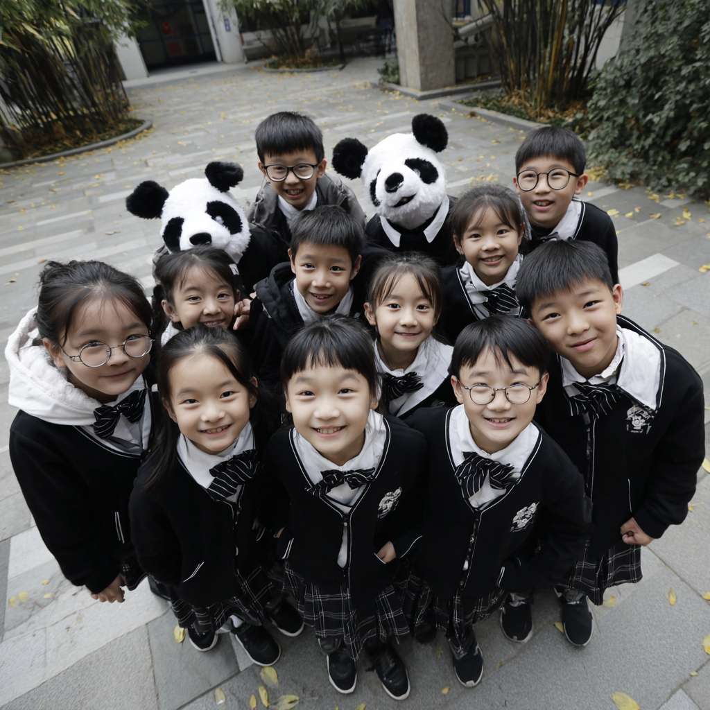 一班小六穿校服的學生們在校園裡圍成一個半圓形，以熊貓為主題，學生們一起將瀕危動物圖案玩集體遊戲 --ar 1:1 --v 7 --stylize 100 --fast --no 水印