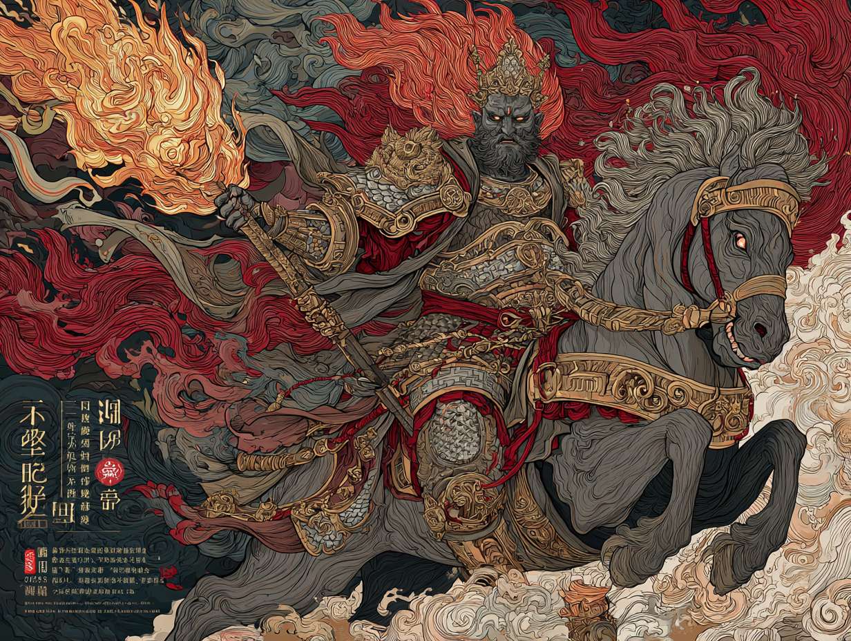 《哪吒重生》机械朋克风格，转世哪吒，桀骜，火焰特效 --ar 4:3 --v 7 --stylize 100 --fast --no 水印