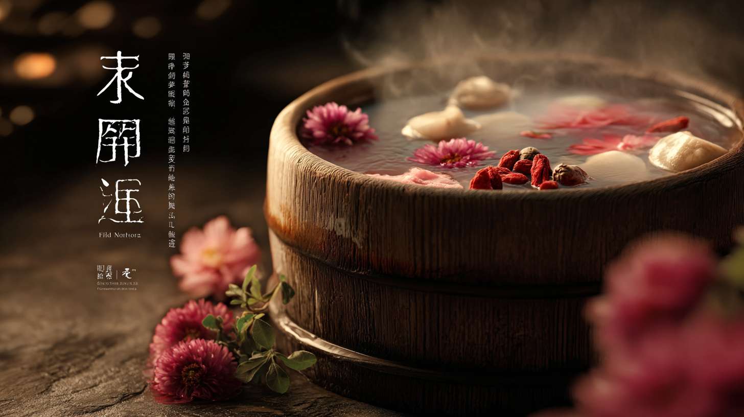 地铁广告，背景是高木桶和药材，风格高级吸引人住眼球，具有美感，传统养生、专业舒适感的地铁广告。 一个巨大的、质感十足的高木桶占据视觉中心，桶内热水清澈，漂浮着几味清晰可见的中药材（如枸杞、艾草），热气袅袅升起。旁边文案是“友颐 泡脚就要高木桶”， --ar 16:9 --v 7 --stylize 100 --fast --no 水印