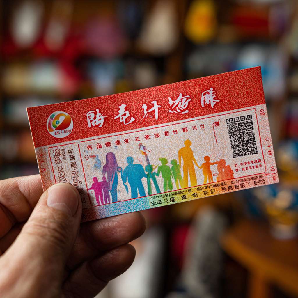 一只手从画面下方举起一张“中国福利彩票”红票，票背面的条形码位置射出七道半透明彩虹光束，光束在顶部交织成“公益场景”——老人、孩子、残疾运动员微笑剪影；彩虹同时形成“福彩LOGO”负形，一眼识别。 --ar 1:1 --v 7 --stylize 100 --fast --no 水印
