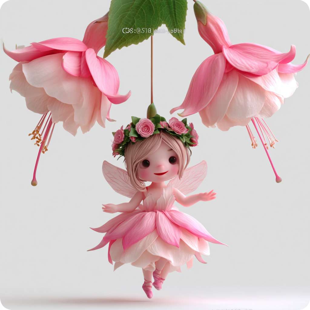 https://img-xpc-mj0.xpccdn.com/prod/upload/b09af563-d2eb-4fad-bfcc-51310aa98986/1755076375737.jpg~tplv-5yakomv5zn-auto-v1%3A1024%3A0%3Aq75.jpg 根据这个图片生成一个超级可爱的女孩IP，模型，盲盒玩具，一个可爱的倒挂金钟花精灵正在飞起来，他穿着粉色的裙子，裙子的花瓣宽一些，绿色的头发还带着花环，还有翅膀，非常可爱，衣服的下摆是粉和白色的，32K UHD，生动的面部表情，三视图，生成三视图，即前视图、侧视图和后视图，保持一致性和统一性，白色背景，3d渲染，oc渲染，最佳质量。 --ar 1:1 --v 7 --stylize 100 --fast --iw 1 --no 水印
