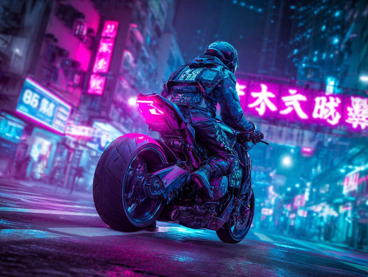 《哪吒重生》赛博朋克风，科幻炫酷的街道，全景，主人公驾驶摩托车在街道行驶 --ar 4:3 --v 7 --stylize 100 --fast --no 水印