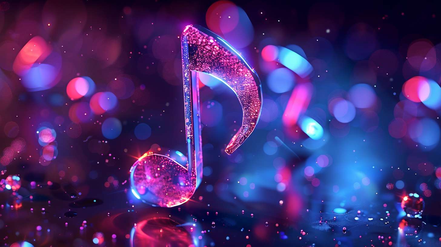 3D glossy music note icon, 
with particle sound effects floating around, 
glass morphism style, 
soft lighting --ar 16:9 --v 6 --stylize 100 --fast