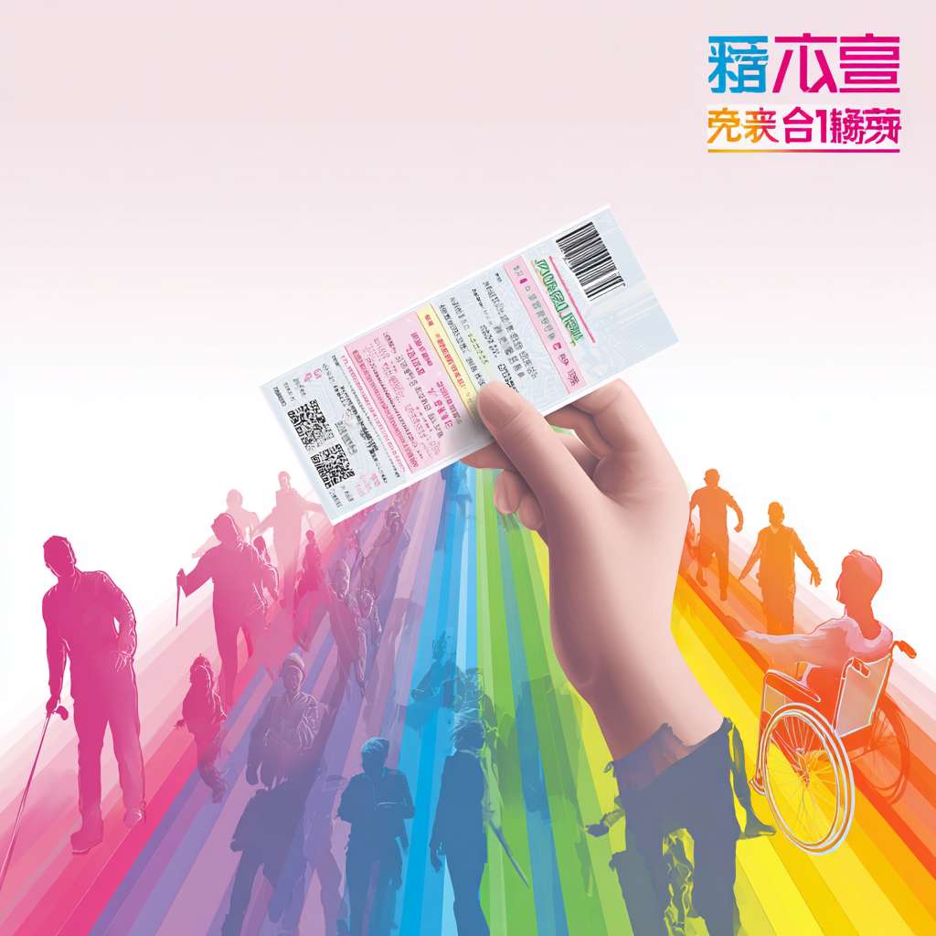 一只手从画面下方举起一张“中国福利彩票”背面的条形码位置射出七道半透明彩虹光束，光束在顶部交织成“公益场景”——老人、孩子、残疾运动员微笑剪影；彩虹同时形成“福彩LOGO”负形，一眼识别。 --ar 1:1 --v 7 --stylize 100 --fast --no 水印