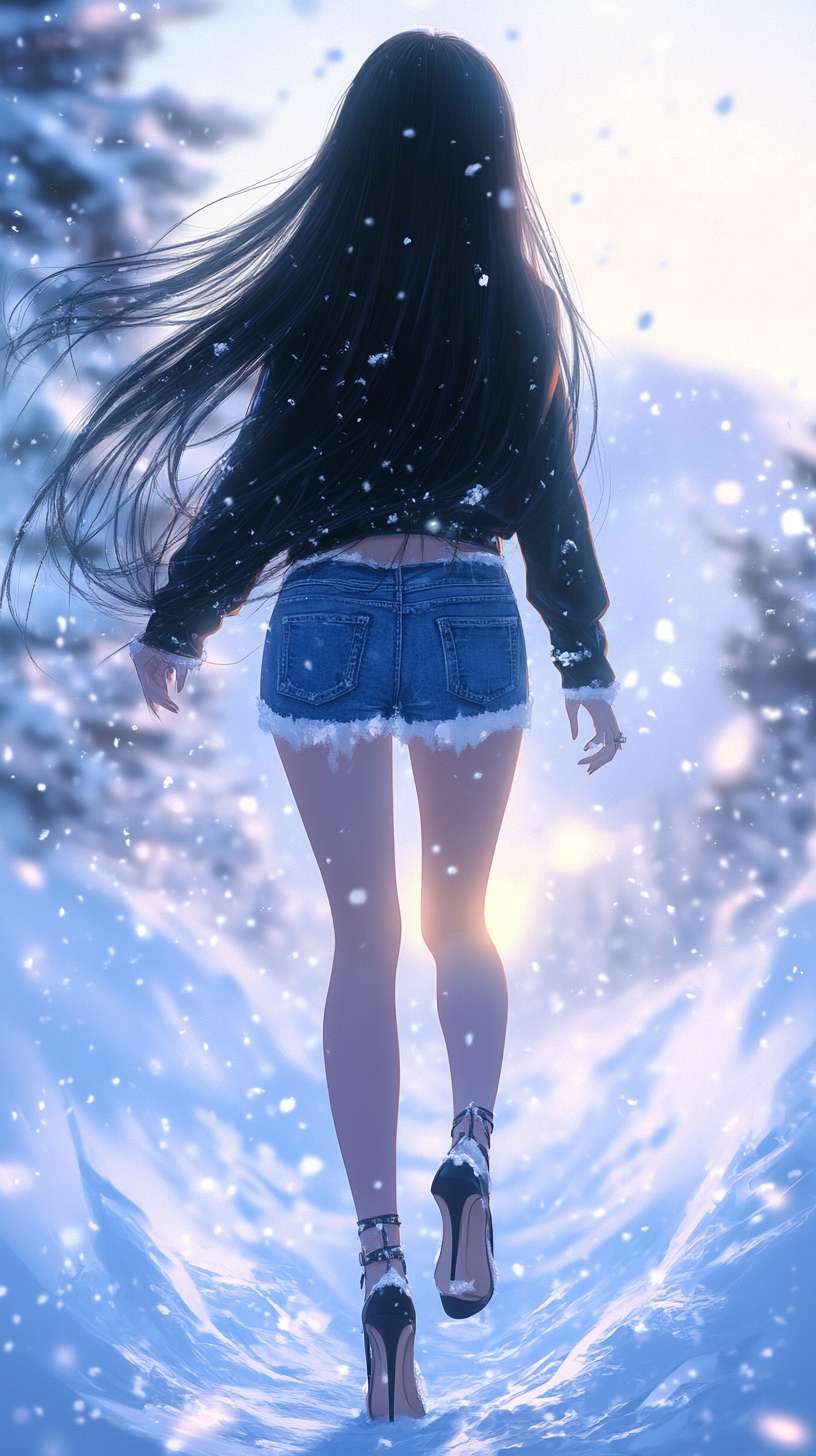 1个女孩，长发，黑发，牛仔短裤，长腿，高跟靴，冬天，雪，雪地，雪山，光线 --ar 9:16 --v 6.1 --stylize 100 --fast --no 水印,水印,水印,水印