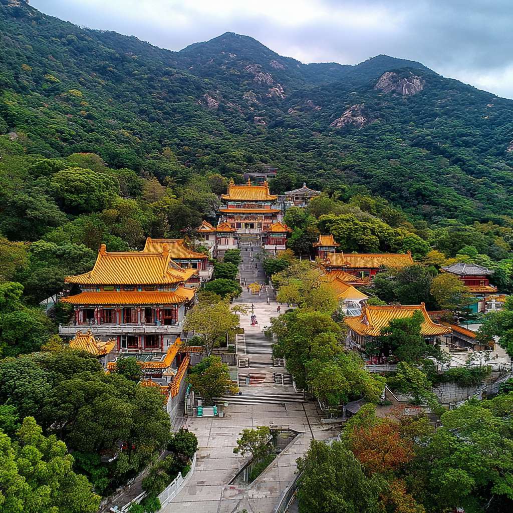 爬山朝拜图，周围苍翠的山林，庙宇屋顶隐约其中，夹道有禅意雕塑，路面上有佛教咒语标识 --ar 1:1 --v 7 --stylize 100 --fast --no 水印