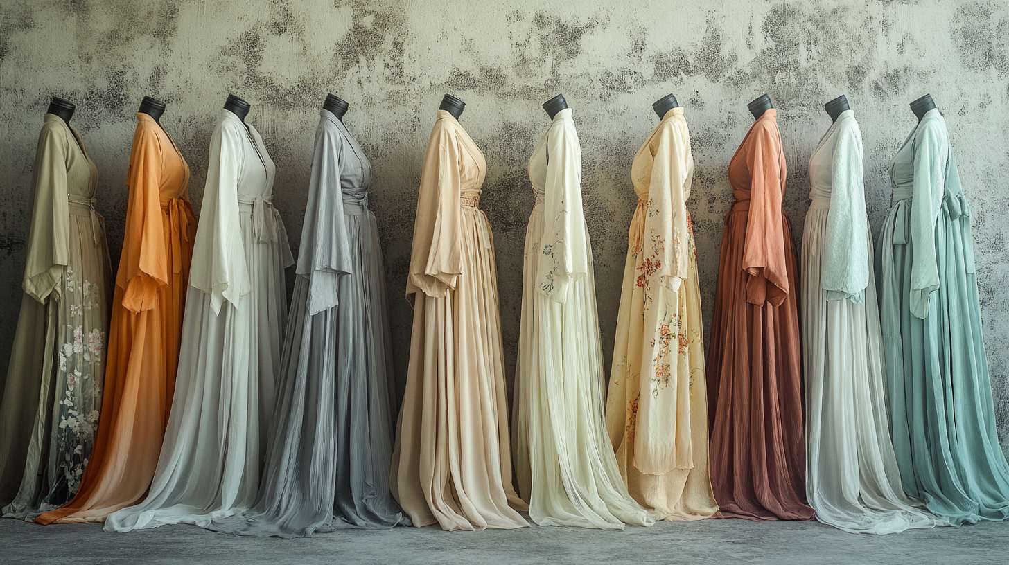 汉服，汉服图片，一张图片上有多套服装，一字排开，色彩淡雅，无模特，正对镜头 --ar 16:9 --v 6.1 --stylize 100 --fast