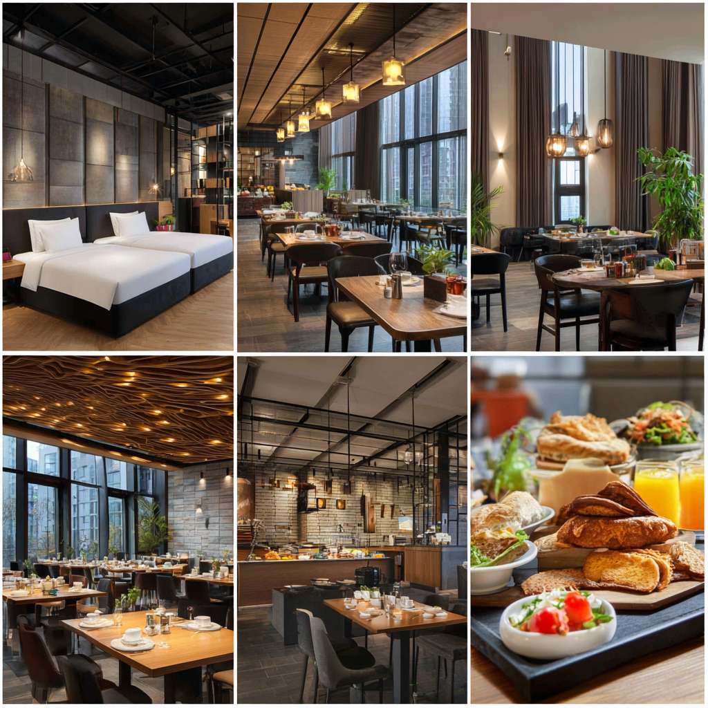 帮我做五张汉庭真实酒店餐厅早餐宣传实拍照片 --ar 1:1 --v 7 --stylize 100 --fast --no 水印