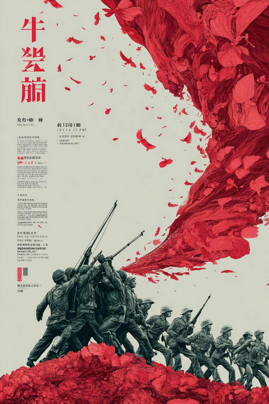 海报构图解析
1. 底部根基:抗战精神
以浓墨皴擦的笔触勾勒中国山川大地,暗部融入剪纸风格的八路军、新四军将士剪影,象征抗战根基。
墨色中浮现世界反法西斯同盟国旗帜碎片(中、美、苏、英等),呼应“世界人民”主题。
2. 主体动态:军民共生
军队幻化和平鸽:
一列持枪冲锋的将士(剪纸镂空造型)从地面升起,随螺旋轨迹逐渐解构为万千振翅白鸽。
视觉隐喻:枪械转化为橄榄枝,血色战袍褪为纯白羽翼,体现战争到和平的升华。
螺旋托举结构:
鸽群环绕成DNA双螺旋状上升,象征民族基因的传承,托举力由底部厚重渐变为顶部轻盈。
3. 巅峰意象:生命之树
树冠即文字:
树冠以狂草水墨笔法书写主题文字“铭记历史·开创未来”,枝叶间嵌入剪纸红星与和平鸽纹样。
树干细节:
树干纹路由80道年轮构成,核心处浮现“1945-2025”金色字样,年轮间隙透出抗战历史照片剪影(浮雕效果)。
艺术风格实现
水墨渲染:
背景采用青灰渐变湿画法,局部泼墨象征战火硝烟,墨韵自然晕染出远山轮廓。
和平鸽羽翼边缘做枯笔飞白处理,强化动势。
剪纸层叠:
将士形象以阳刻剪纸呈现(深红),鸽子用阴刻留白(纯白),通过负空间形成转化韵律。
大树根系融入剪纸风格的万里长城纹样,增强文化符号。
色彩方案:
区域 主色 象征意义
大地/将士 朱砂红+玄黑 热血与庄严历史
和平鸽 留白+淡金勾边 光明与希望
螺旋轨迹 赤金渐变至月白 烽火岁月走向和平
大树 石青枝干+翠绿文字 新生与永恒 --ar 2:3 --v 7 --stylize 100 --fast --no 水印