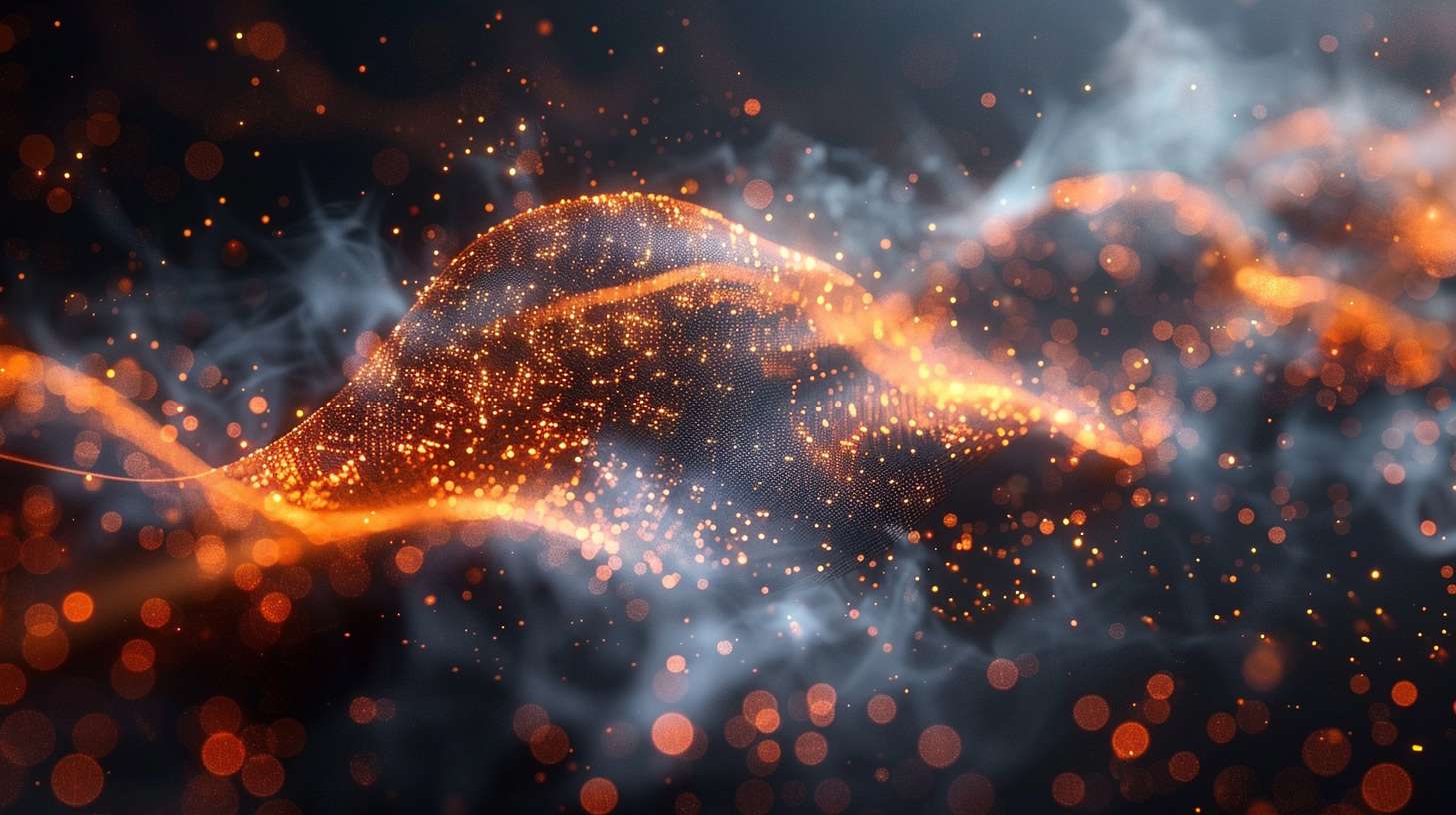 A minimalist music playback visualization in 1080P, floating abstract black sound waves on a smooth dark gray background, glowing orange audio peaks, sleek digital interface with no physical device, ultra-clean cyberpunk aesthetic, subtle particle glow, 3D render --ar 16:9 --v 6 --style raw --stylize 500 --fast