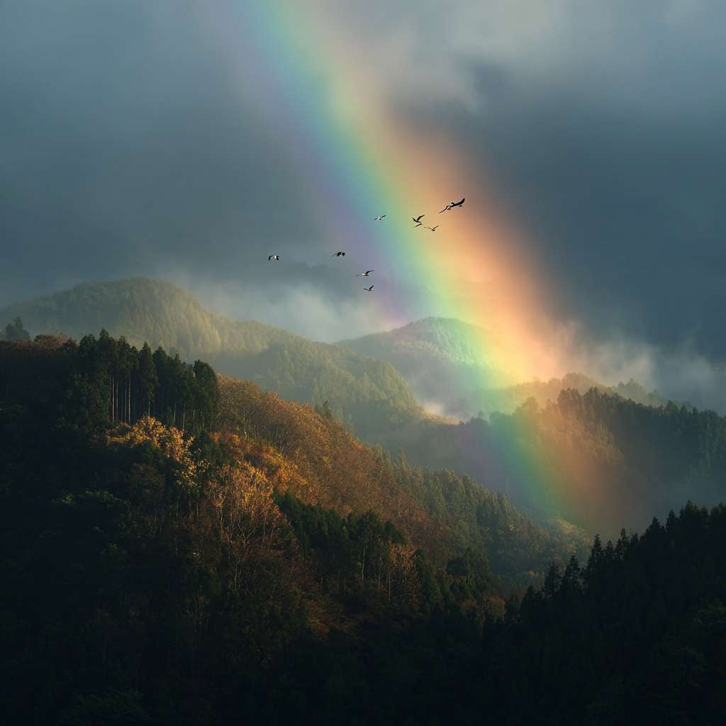 原始森林航拍，云雾缭绕，太阳照射，彩虹，小鸟在空中飞走 --ar 1:1 --v 7 --stylize 100 --fast --no 水印